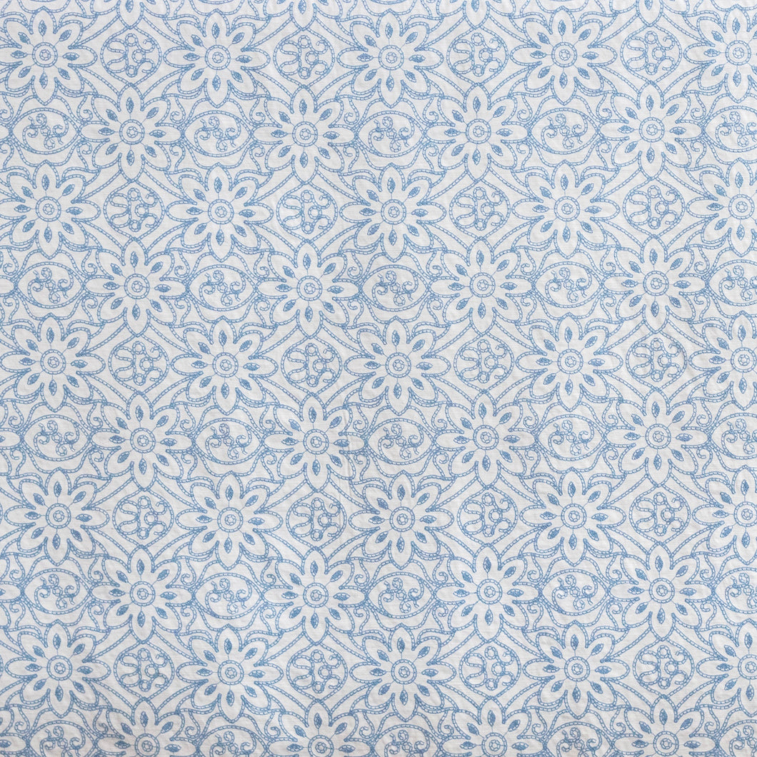 Darned Daisies Blue Embroidered Fabric